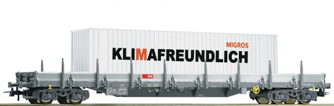 Flat car loaded with container MIGROS<br /><a href='images/pictures/Roco/Roco-76991.jpg' target='_blank'>Full size image</a>